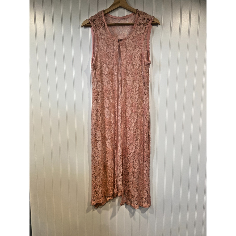 Romantic Cottagecore Blush Beaded Lace Long Vest Duster Sleeveless Women’s Small